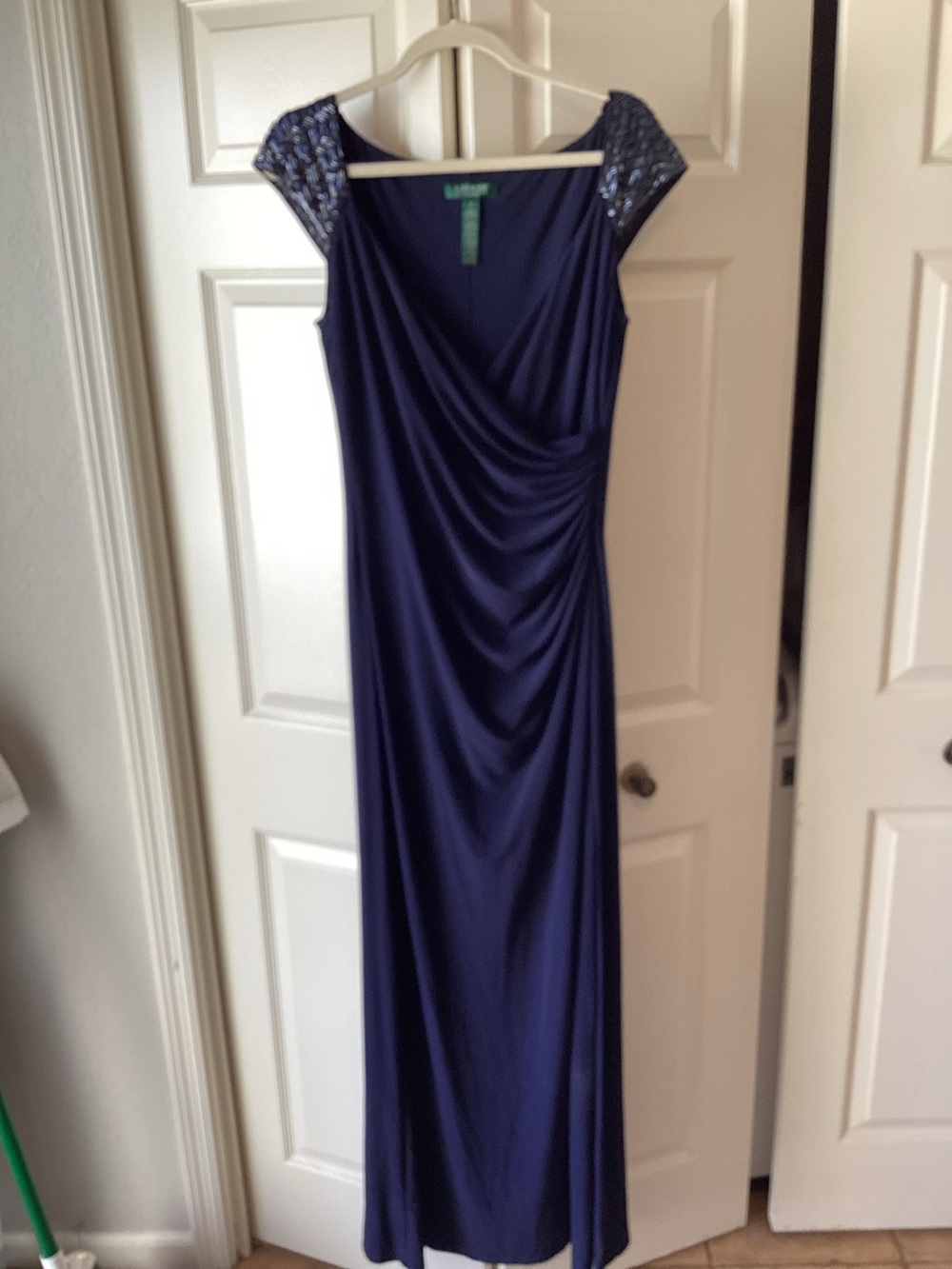 Lauren Ralph Lauren Navy Maxi Dress with Sequined Cap Sleeves